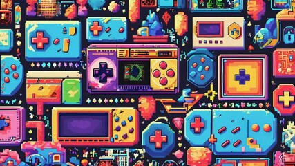 Colorful pixel art illustration of various retro gaming consoles and controllers.