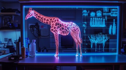Fototapeta premium A large, glowing holographic scan of a giraffe digestive system on a lab table