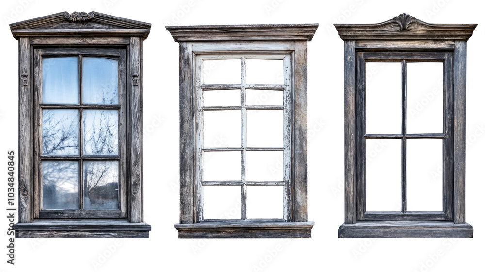 Poster unique large wooden window frames on transparent background generative ai
