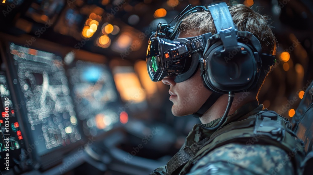 Poster A skilled combat pilot operates complex cockpit controls while wearing high-tech augmented reality goggles and headphones, focused on mission tasks under ambient lights.
