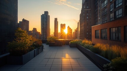 A city skyline with a sun setting in the background