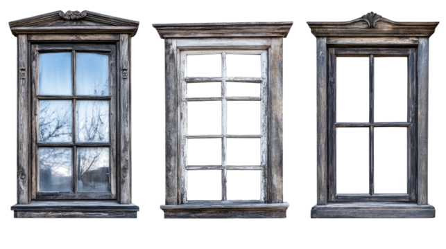 Unique Large Wooden Window Frames on Transparent Background Generative AI
