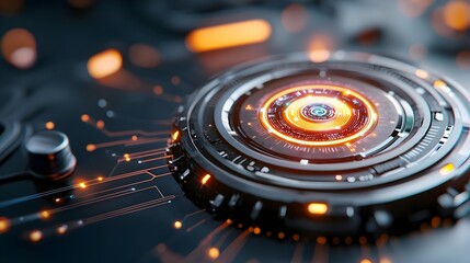 A glowing intelligence core at the center of a dynamic smart city hub pulsating with energy and surrounded by metallic tones vibrant blue and purple lighting and a captivating sci fi aesthetic