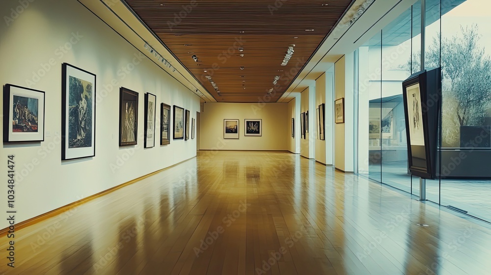 Poster an empty gallery corridor with artwork on the walls