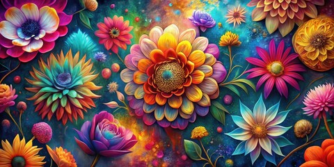 A vibrant and psychedelic floral composition with a swirling background and colorful flowers in a kaleidoscope of colors