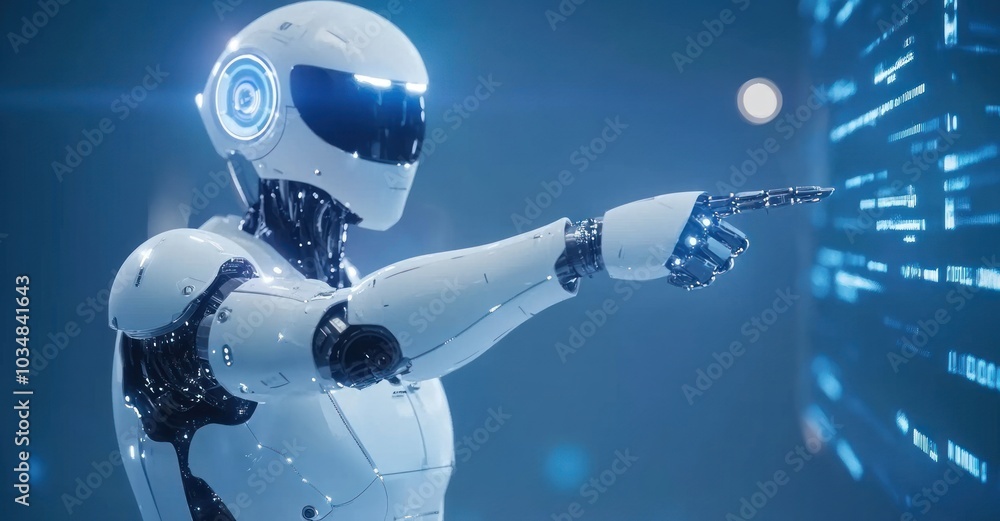 Poster futuristic robot interacting with digital interface