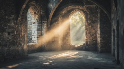 A large room with two windows and a sunbeam shining through one of them