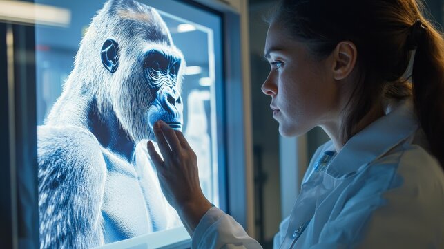 A high tech veterinary surgeon viewing a holographic scan of a gorilla brain