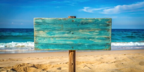 A weathered teal wooden sign stands upright against a backdrop of a pristine sandy beach and a sparkling blue ocean, ready to display a message for all to see.