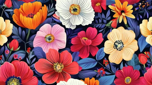 Seamless pattern of vibrant, colorful flowers in bloom.