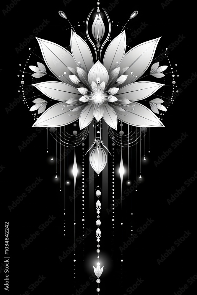 Poster a stunning floral composition features delicate petals and intricate patterns in black and white, co