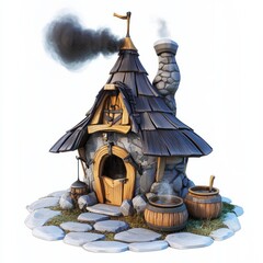 3D Render, Low Poly style of a witch's hut with a crooked roof and bubbling cauldrons, on isolated white background