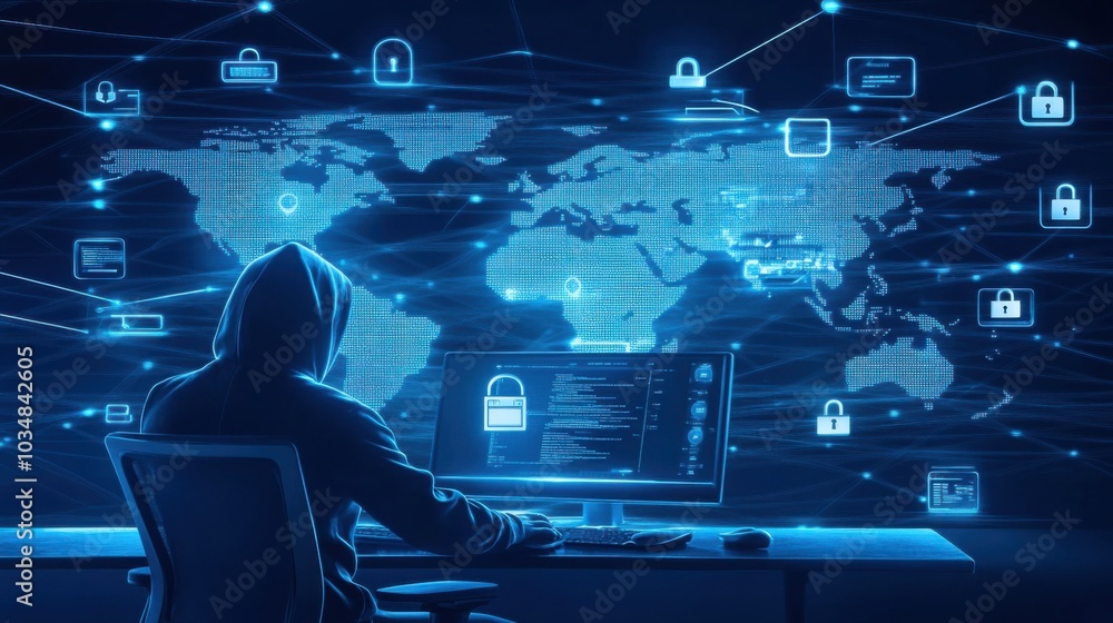 Poster hooded figure working on computer in dark environment