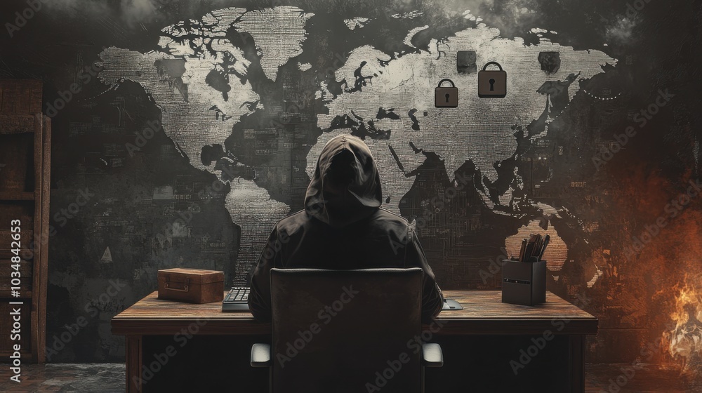 Poster mysterious hooded figure at computer desk