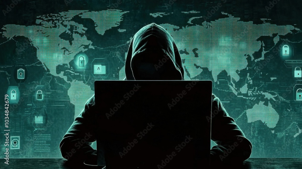 Poster mysterious hooded figure at computer screen