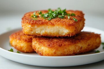 Clean and Minimalist Presentation of Golden Japanese Korokke (Croquettes) on a White Plate with Natural Lighting – Perfect for Food Blogs, Restaurant Menus, Recipe Illustrations, Marketing, and Editor