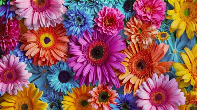 A vibrant and colorful bouquet of gerbera daisies in shades of pink, orange, yellow, and blue.