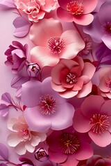 A vibrant collection of various flowers in shades of pink and purple, arranged artistically against a soft pink backdrop, creating an inviting and cheerful atmosphere.