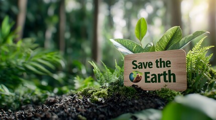 Lush vibrant green forest scene with a  Save the Earth  sign or message symbolizing environmental conservation efforts and the importance of protecting our planet