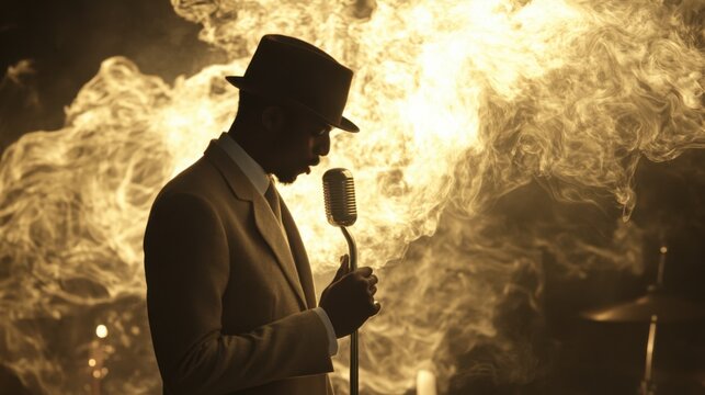 Vintage Jazz Vocalist with Microphone in Smoke