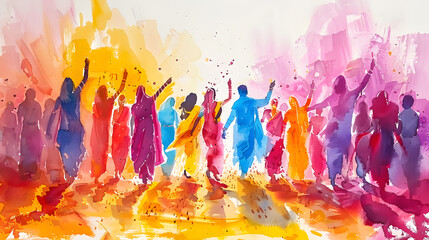 Indian people celebrating Hindu Holi Festival. Watercolor style poster