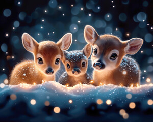 Three adorable deer fawns surrounded by sparkling snowflakes.