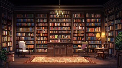 A Luxurious Library with Tall Bookshelves, Comfortable Chairs, and a Desk