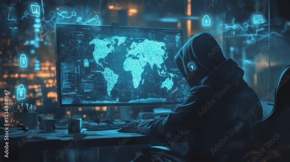 Poster anonymous hacker working on a computer at night