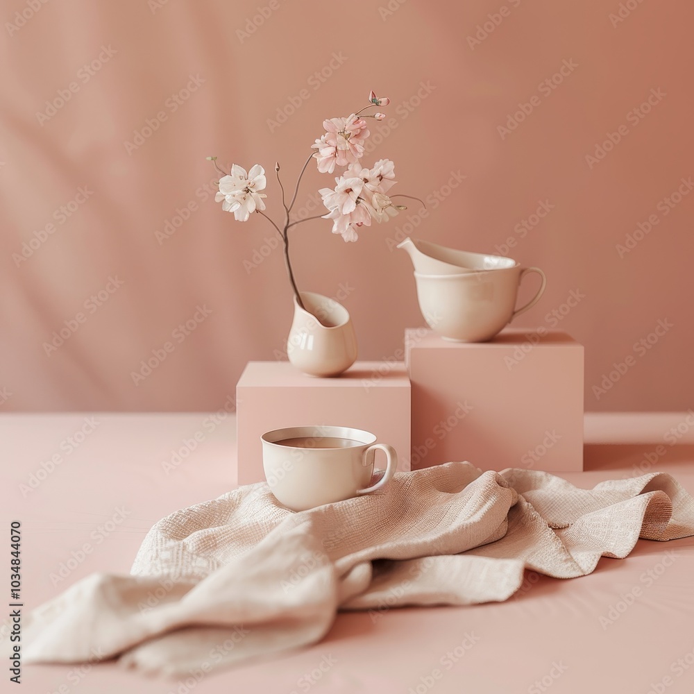 Wall mural Two White Ceramic Pitchers, Dried Flowers, and a White Blanket on Pink Background