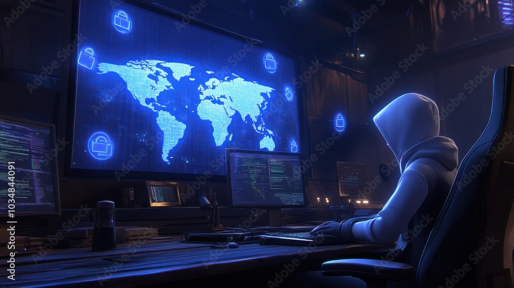 Poster mysterious hacker in hoodie working at computer