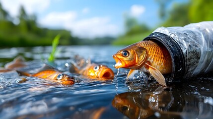 Fototapeta premium Aerial view of a factory dumping untreated waste and chemicals into a river causing severe water pollution and the deaths of many fish floating on the contaminated surface