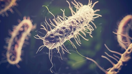 Fototapeta premium Ancient microbes under microscope reveal intricate cellular structures, showcasing their mysterious and ancient nature, ideal for scientific and educational content.