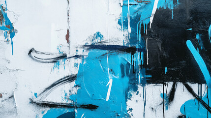 Abstract art background with blue, black, and white paint splatters and drips