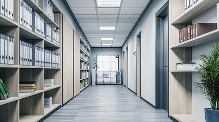 Modern Office Hallway with Bookshelves and a Plant