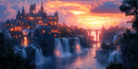 Fototapeta premium Vibrant Fantasy City with Skyward Waterfalls and Floating Islands 