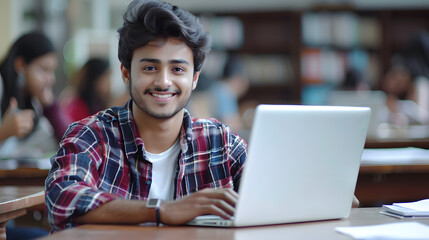 Online Lesson. Smiling Young Indian Man Using Laptop And Taking Notes