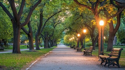 Fototapeta premium A Serene Pathway Through a Canopy of Trees with Benches and Lampposts