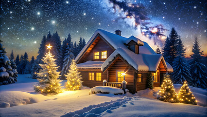 Cozy House in Glittering Snow Under Starry Sky. Perfect for: Christmas, Winter Solstice, New Year's Eve