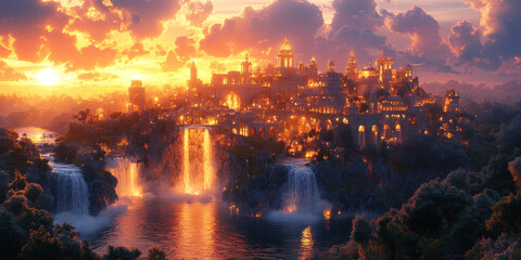 Floating Islands Connected by Luminous Bridges at Sunset
