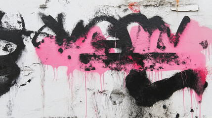 Abstract pink and black graffiti art on a white wall