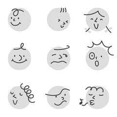 モノクロの丸の上に描かれた、いろいろな表情の抽象的な顔のビンテージ風ベクターイラスト