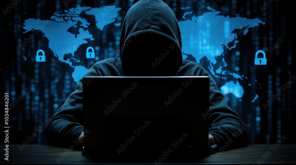 Poster mysterious hooded figure working at computer