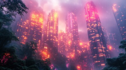 Cityscape with Fog and Neon Lights