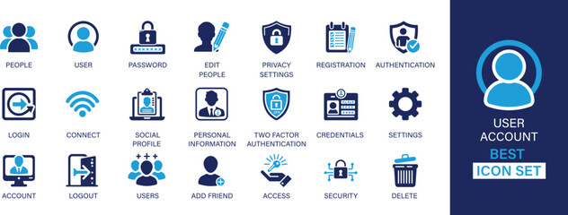 User account best solid icon set collection. People, user, password, edit people, privacy settings, access and vector illustration.
