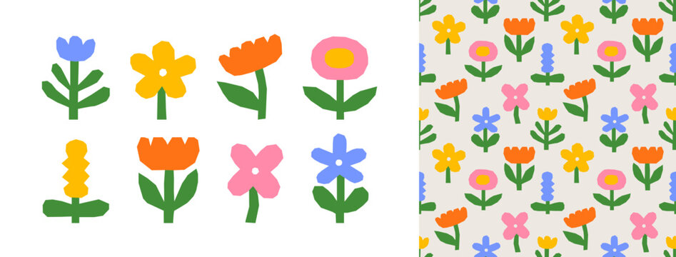 Abstract colorful flower drawing illustration set. Funny children art style floral doodle cartoon with seamless pattern, hand drawn basic nature shapes on isolated background.