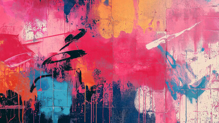 Abstract colorful art painting background with vibrant pink, blue, orange, and black paint splatters
