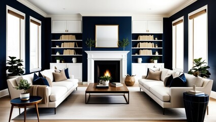 Modern luxurious living room, white fireplace, navy blue walls, gold accents, symmetrical bookshelves, white sofas, wooden coffee table, potted plants, minimalist decor, cozy atmosphere, interior desi