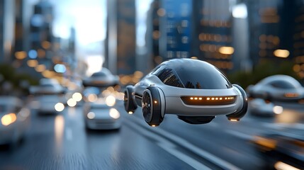 digital painting depicting a futuristic cityscape with autonomous flying vehicles and AI managed infrastructure  The scene features clean lines blue hues and glowing lights