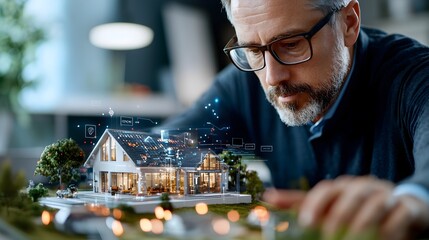 Futuristic scene of engineers and technicians constructing a smart home with advanced AI powered systems sensors and integrated digital controls for an automated efficient