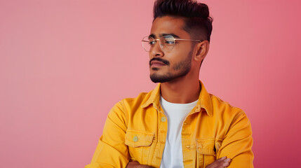 Fototapeta premium Portrait of handsome Indian guy standing on pink background